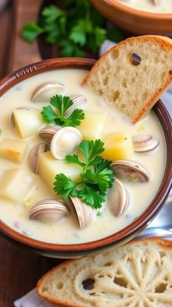 A hearty bowl of clam chowder with clams and potatoes, garnished with parsley, on a wooden table with bread.